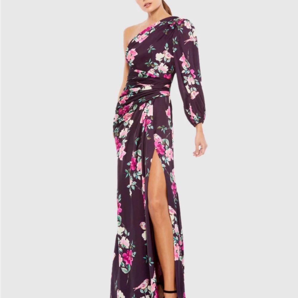 Designer Mac Duggal Plum Floral Print One Sleeve Gown